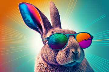 Cool bunny with sunglasses on colorful background. Generative Ai - 585702640