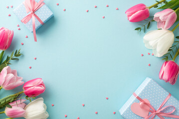 Mother's Day concept. Top view photo of white and pink tulips blue present boxes with ribbon bows and sprinkles on isolated pastel blue background with empty space in the middle