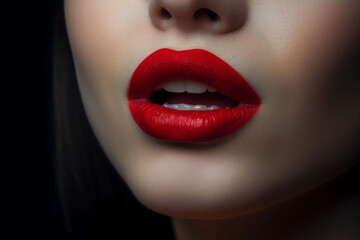 Passionate female lips with red lipstick close-up. Seductive lady mouth open. ai generated