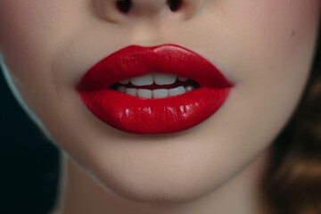Fototapeta premium Sexy female lips with red lipstick close-up. Seductive lady mouth open. ai generated