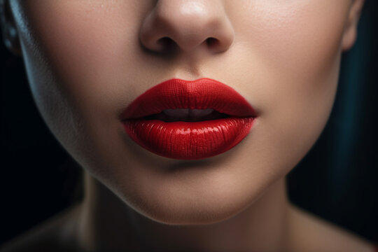 Sexy female lips with red lipstick close-up. Seductive lady mouth open. ai generated