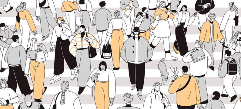 People crowd crossing street, city road. Many pedestrians going, hurrying on crosswalk, zebra panorama. Busy traffic, rush hour in overcrowded metropolis, urban center. Flat vector illustration