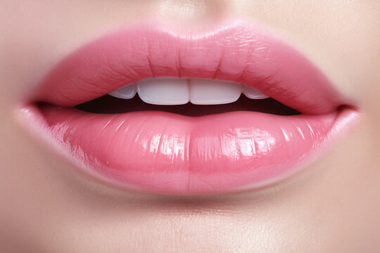 Sexy female lips with pink lipstick close-up. Seductive lady mouth open. AI generated