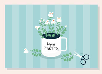 Bunny flower in the grass with scissors.Design for Happy Easter vector card. Hand drawn design of Spring greeting card,mug,Vector illustration.