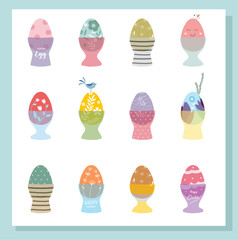 Funny Easter egg in a egg cup,Hand drawn,Cute, vector illustration.