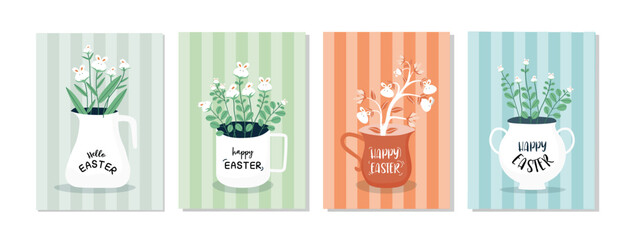 Set of bunny flower in the grass with scissors.Design for Happy Easter vector card. Hand drawn design of Spring greeting card,mug,Vector illustration.