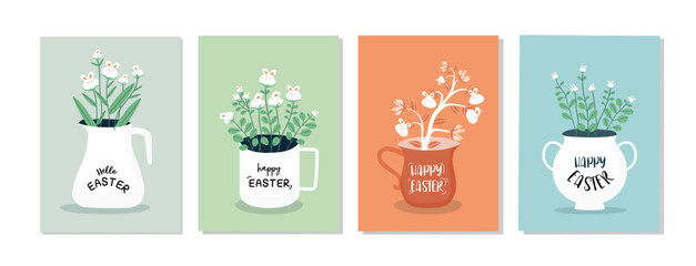 Set of bunny flower in the grass with scissors.Design for Happy Easter vector card. Hand drawn design of Spring greeting card,mug,Vector illustration.