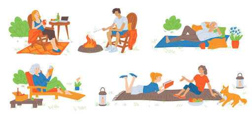 People relax in nature, on picnic or camping site, vector illustration isolated.