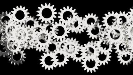 Metal gears or cogs turning, loops.
Camera moves past never-ending background of rotating gears.