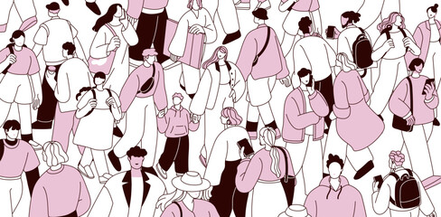 Crowded city, many people going on street. Pedestrians traffic at rush hour. Busy citizens swarm walking, hurrying on different businesses outdoor. Overpopulation concept. Flat vector illustration