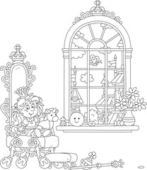 Funny little princess in a gold crown playing with her toys on a royal throne in a magnificent hall of a kingly palace in a fairytale kingdom, black and white vector cartoon illustration