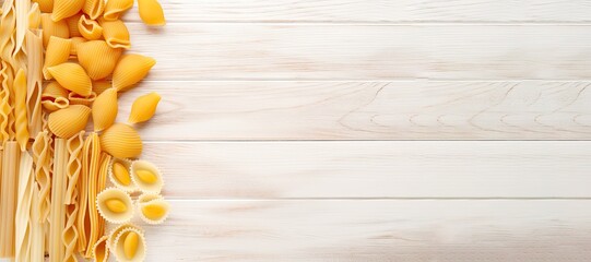 Assorted raw Italian pasta on a white wood background, with and large copy space, offering a versatile and appetizing centerpiece for your Italian cooking project. Generative AI