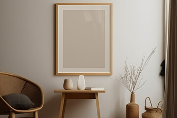 3D rendering wooden frame leaning on the white wall in the interior mockup,  warm space, generative AI.