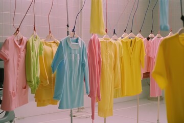 Pastel creative concept of clothesline drying clothes. Clothes dryer rope with hanging paste clothes, room for drying clothes, laundry room. Generative AI.