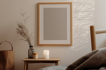 3D rendering wooden frame leaning on the white wall in the interior mockup,  warm space, generative AI.
