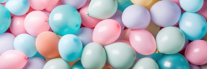 Colorful party background, helium inflated balloons of colorful pastel colors everywhere. Generative AI. - obrazy, fototapety, plakaty