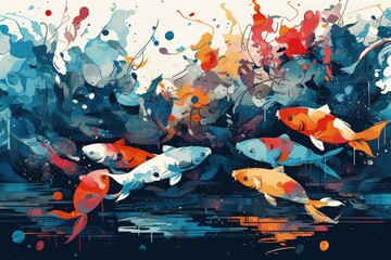 fish swimming in a pond, captured in a vibrant painting. Generative AI