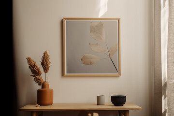 View of a 3D rendering wooden frame leaning on the white wall in the interior mockup,  warm space, generative AI.