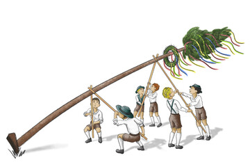 illustration of a maypole being set up by strong men