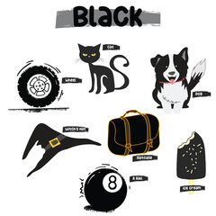 Set of black color objects. Primary colours flashcard with black elements. Learning colors for kids. Vector illustration file. Learning material for toddlers.