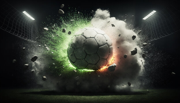 soccer ball in a dust storm at the stadium. football. sport concept. ball game, generative ai
