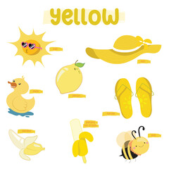 Set of yellow color objects. Primary colours flashcard with yellow elements. Learning colors for kids. Vector illustration file. Learning material for toddlers.