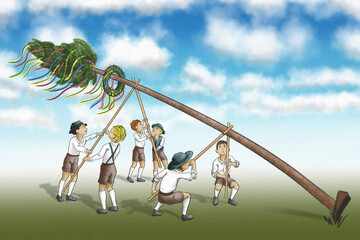 illustration of a maypole being set up by strong men