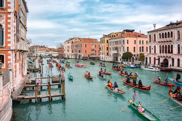 Venice, Italy, Grand canal. Venice carnival opening with gondola boat water parade