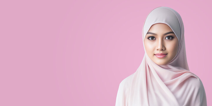 Banner of a Hijab Woman with Copy Space on a Pink Background with Generative AI