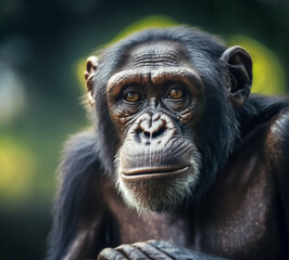 Schimpanse oder Menschenaffe vor grünem Hintergrund - Thema Naturschutz und Artenschutz - Generative AI