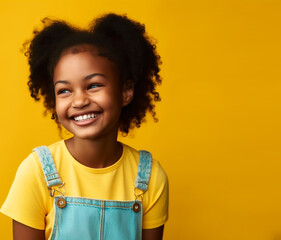 Junges dunkelh&auml;utiges M&auml;dchen vor gelbem Hintergrund - Thema Kindheit, Freude, Unbeschwertheit - Generative AI