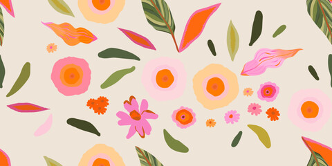 Cute hand drawn colorful artistic flowers print. Modern botanical pattern. Fashionable template for design. Cartoon style.