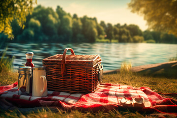 A tranquil lakeside picnic spot, complete with a red-checkered blanket, wicker basket, and soft grass underfoot - obrazy, fototapety, plakaty