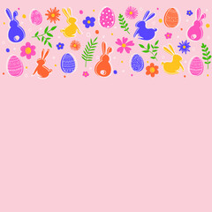 Easter eggs, flowers and bunnies on pink background. Vector illustration