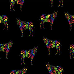 Fototapeta premium Zebra rainbow vector seamless texture. Bright zebras on a black background