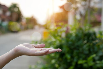 Technology, hand holding with environment Icons over the Network connection on green background.