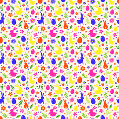 Colourful Easter background with bunnies, eggs and flowers. Seamless pattern. Vector illustration
