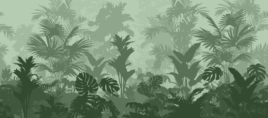 Seamless horizontal background, vector. Jungle, tropical forest with a variety of plants. Green tones