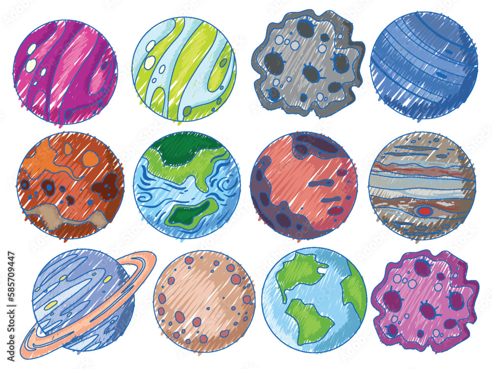 Wall mural space objects in pencil colour sketch simple style