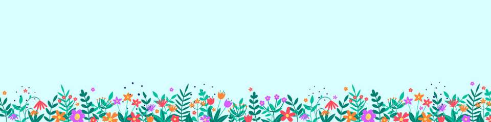 Fototapeta na wymiar Floral decoration. Spring banner with colourful blooming flower and leaves. Panoramic header. Vector illustration