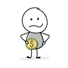 Money saving concept with funny stickman and dollar. Icon collection. Vector