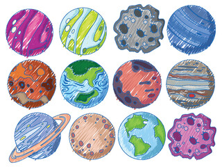 Space Objects in Pencil Colour Sketch Simple Style