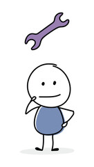 Contemplating cartoon businessman with wrench - craftsman icon. Vector