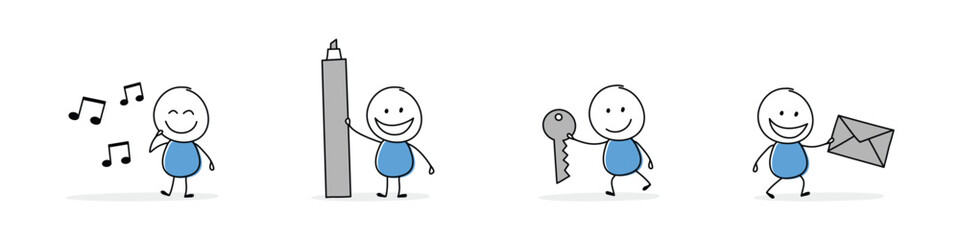 Collection of a funny stickman holding music notes, pen, key, envelope sign. Hand drawn icons for a business presentation. Vector illustration