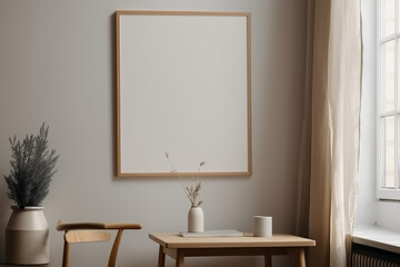 Vertical wooden frame mockup for neutral to showcase artwork, beautiful background,  photo, print, empty frame, warm, cozy, generative AI.