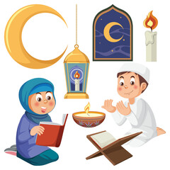 Muslim cartoon characters and objects vector