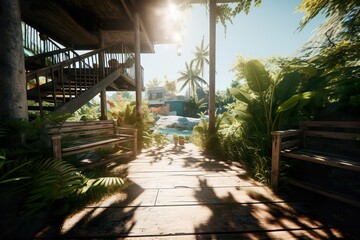 Der Hinterhof eines tropischen Hauses mit einem Garten, umgeben von Palmen und tropischen Pflanzen. Bei bestem Sonnenschein. Generative AI.