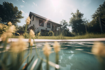 Poollandschaft einer Sommerhausvilla, oder eines Kleinstadt Hauses. Ein Garten und schöne Pflanzen beleben das Ambiente. Generative AI.