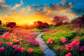 sunset over the spring field, Generative AI Art Illustration