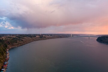 Aerial view of the Tacoma Narrows Bridge over the Puget Sound at sunset 